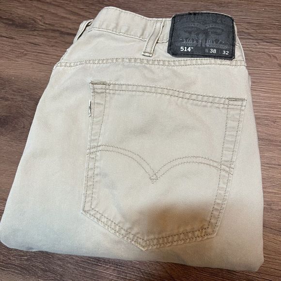Levis 514 Jeans Size 38x31 Black Label White Tab Khaki Twill Pants Flat - Picture 1 of 10